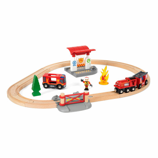 BRIO Bahn Feuerwehr Set, 18-tlg., Holzbahn, Holzspielzeug, Holz Spielzeug, 33815