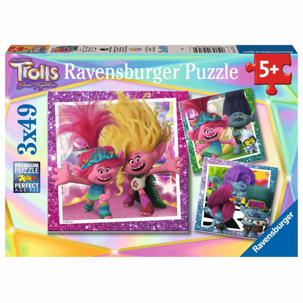 Ravensburger Kinderpuzzle Trolls 3, Kinder Puzzle, 3 x 49 Teile, ab 5 Jahren, 05713