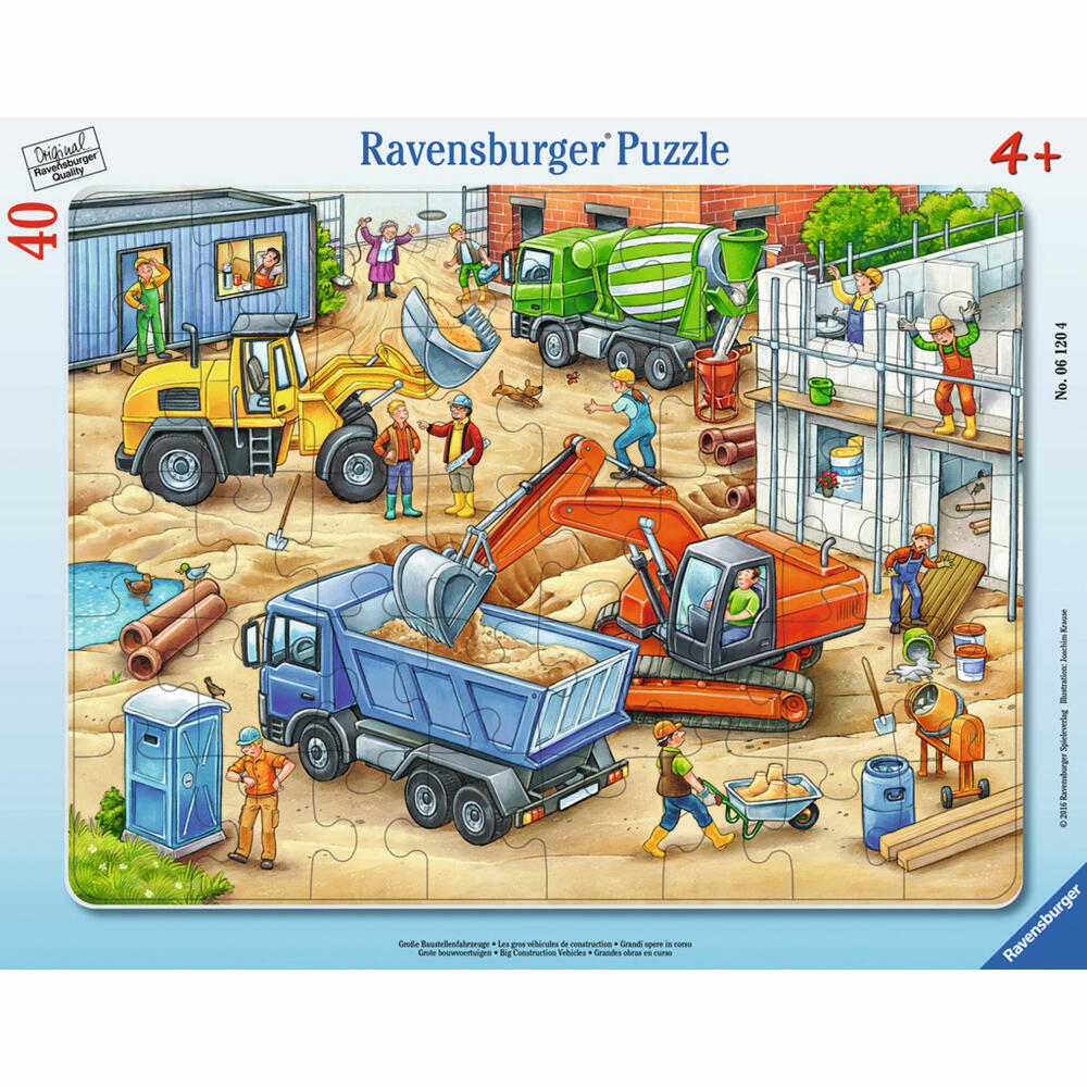 Ravensburger Puzzle Große Baustellenfahrzeuge, Rahmenpuzzle, Kinderpuzzle, Legespiel, Kinder Spiel, Puzzlespiel, 40 Teile, 06120 4