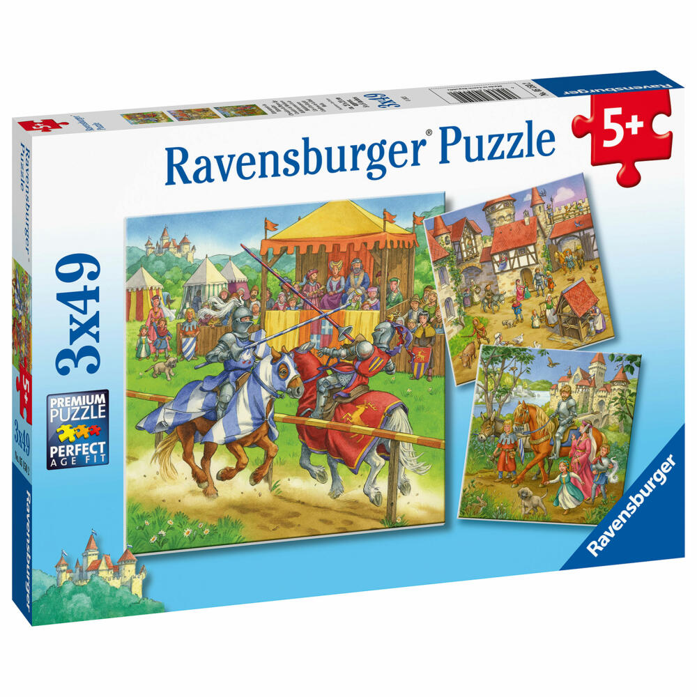 Ravensburger Puzzle Ritterturnier im Mittelalter, Kinderpuzzle, Legespiel, Kinderspiel, 3 x 49 Teile, 05150