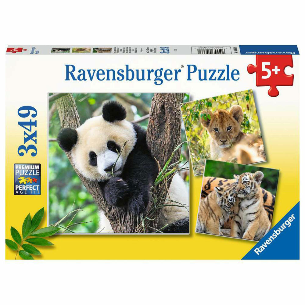 Ravensburger Panda, Tiger und Löwe, Puzzle, Kinderpuzzle, Legespiel, 3 x 49 Teile, 05666