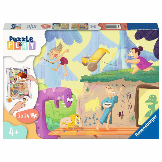 Ravensburger Kinderpuzzle Im Steinzeitdorf, Kinder Puzzle, Puzzle & Play, 2 x 24 Teile, ab 4 Jahren, 05674