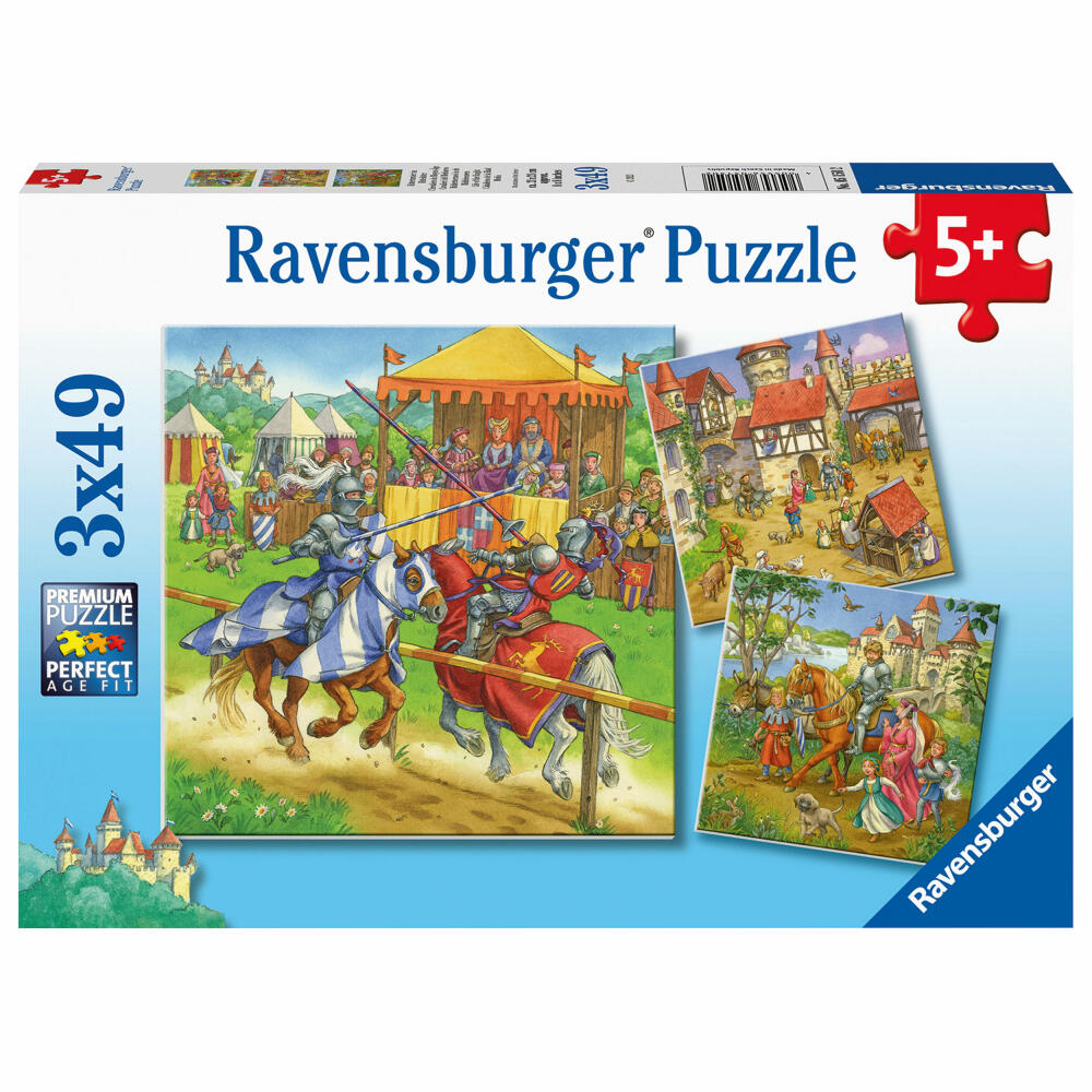 Ravensburger Puzzle Ritterturnier im Mittelalter, Kinderpuzzle, Legespiel, Kinderspiel, 3 x 49 Teile, 05150