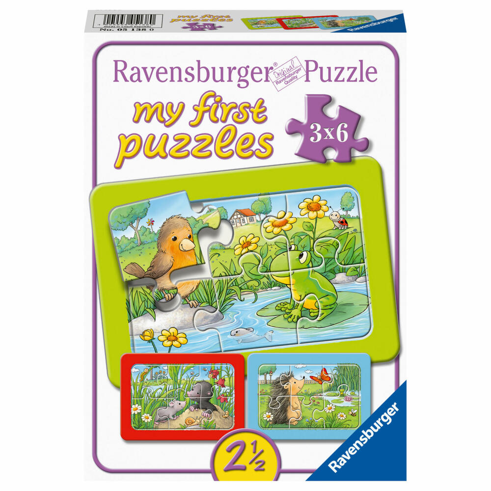 Ravensburger Puzzle Kleine Gartentiere, My First Puzzles, Kinderpuzzle, Rahmenpuzzle, Legespiel, 3 x 6 Teile, 05138