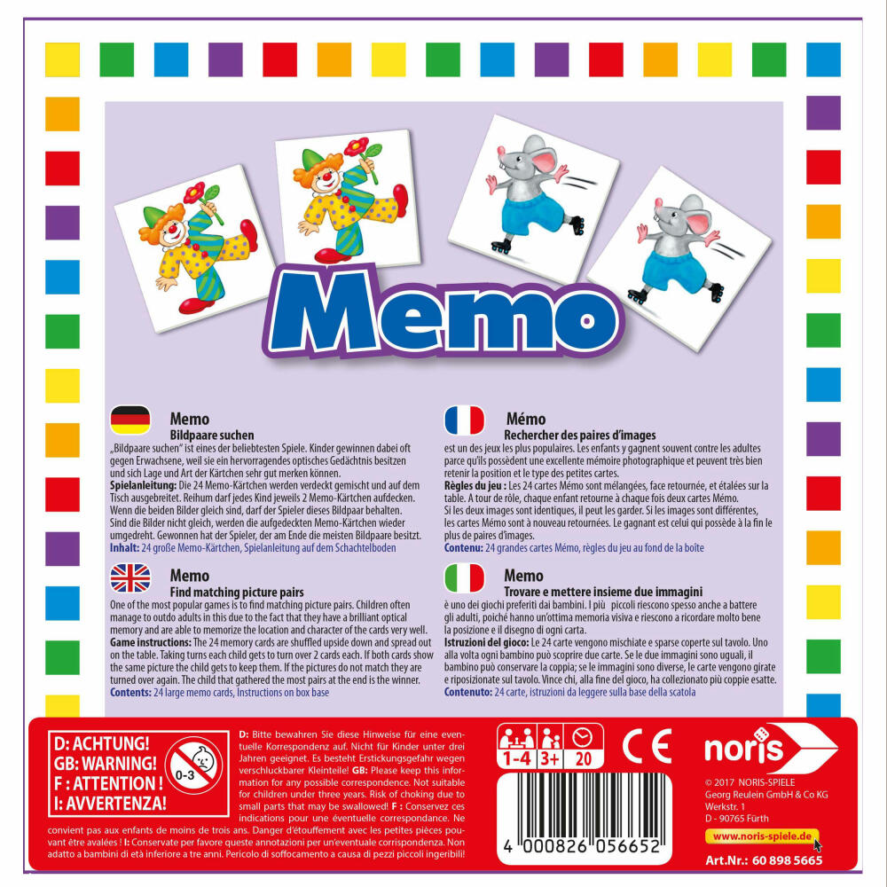 Noris Memo, Gedächtnisspiel, Suchspiel, Lernspiel, Kinder, Spiel, Spielzeug, 608985665