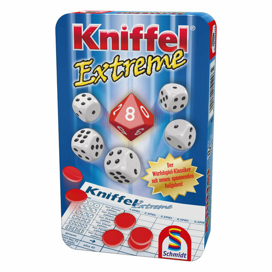 Schmidt Spiele Kniffel Extreme, Bring-Mich-Mit-Spiel in Metalldose, Brettspiel, Gesellschaftsspiel, 2 bis 4 Spieler, 51296