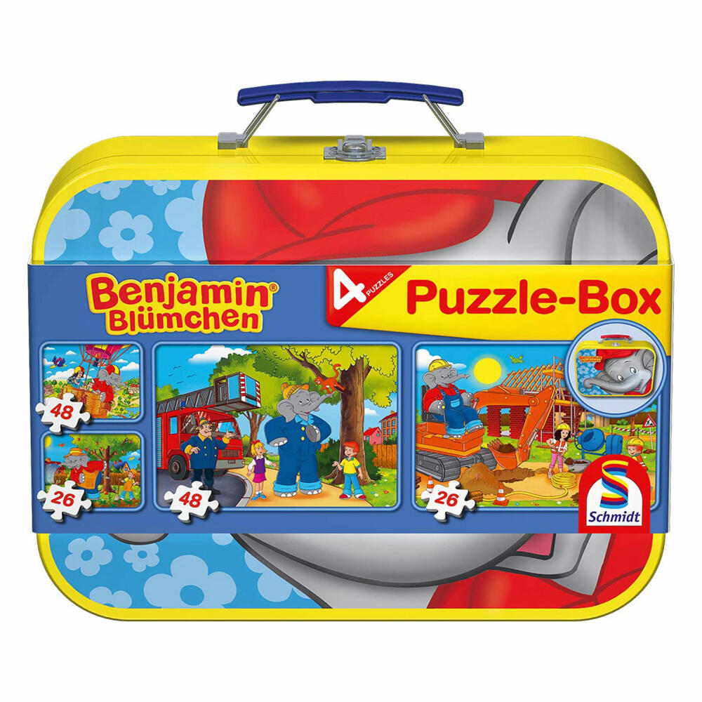 Schmidt Spiele Benjamin Blümchen, Puzzle-Box im Metallkoffer, 2 x 26, 2 x 48, Puzzle, Kinderpuzzle, 55594