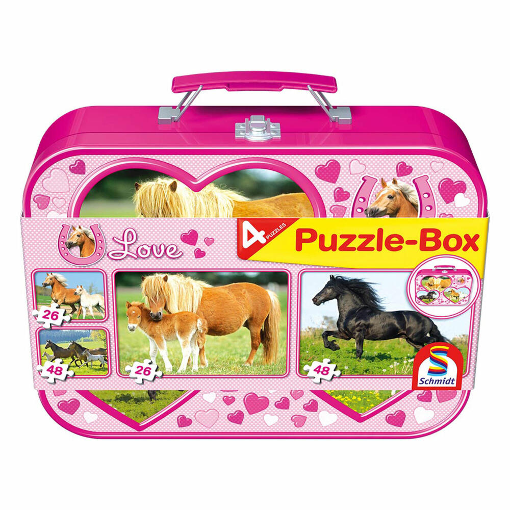 Schmidt Spiele Pferde, Puzzle-Box im Metallkoffer, 2 x 26, 2 x 48, Puzzle, Kinderpuzzle, 55588