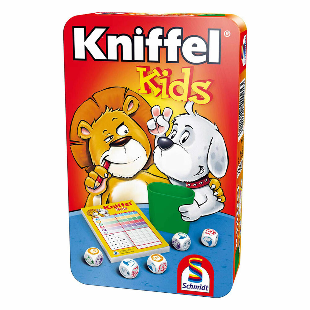 Schmidt Spiele Kniffel Kids, Bring-Mich-Mit-Spiel in Metalldose, Brettspiel, Gesellschaftsspiel, 2 bis 6 Spieler, 51245