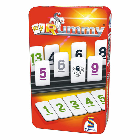 Schmidt Spiele MyRummy, Bring-Mich-Mit-Spiel in Metalldose, Brettspiel, Gesellschaftsspiel, 2 bis 4 Spieler, 51281