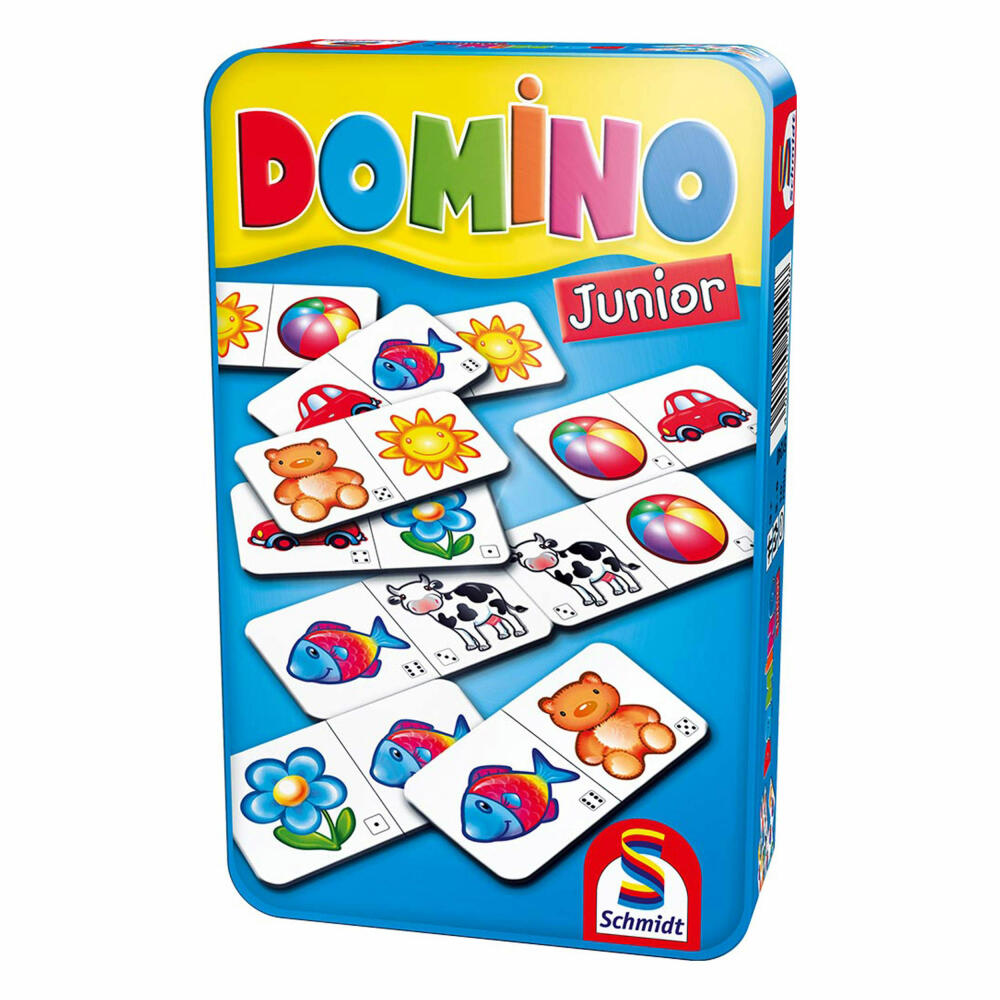 Schmidt Spiele Domino Junior, Bring-Mich-Mit-Spiel in Metalldose, Brettspiel, Gesellschaftsspiel, 2 bis 6 Spieler, 51240