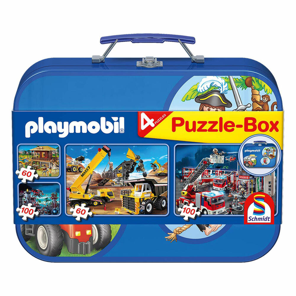 Schmidt Spiele Playmobil, Puzzle-Box im Metallkoffer, 2 x 60, 2 x 100, Puzzle, Kinderpuzzle, 55599