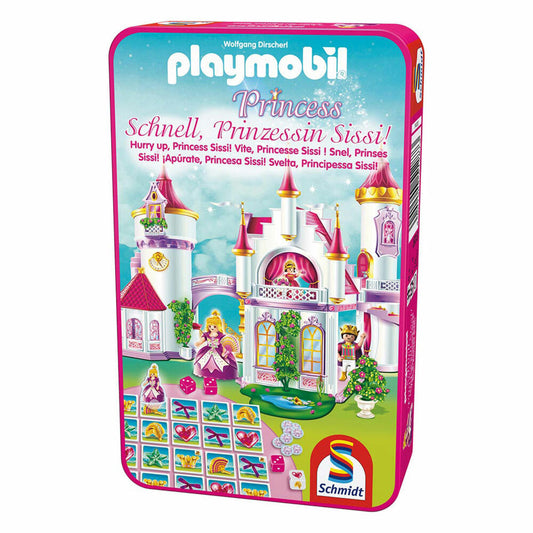 Schmidt Spiele Playmobil, Princess, Schnell, Prinzessin Sissi!, Bring-Mich-Mit-Spiel in Metalldose, Brettspiel, Gesellschaftsspiel, 2 bis 4 Spieler, 51287