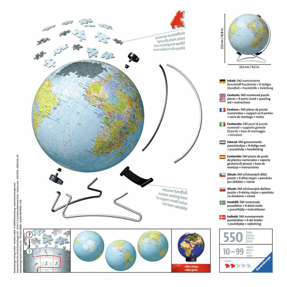 Ravensburger 3D-Puzzle-Ball Globus in deutscher Sprache, dreidimensionales Puzzle, 540 Teile, 11159