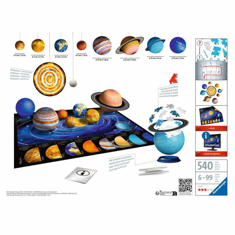 Ravensburger 3D-Puzzle-Ball Planetensystem, dreidimensionales Puzzle, 540 Teile, 11668