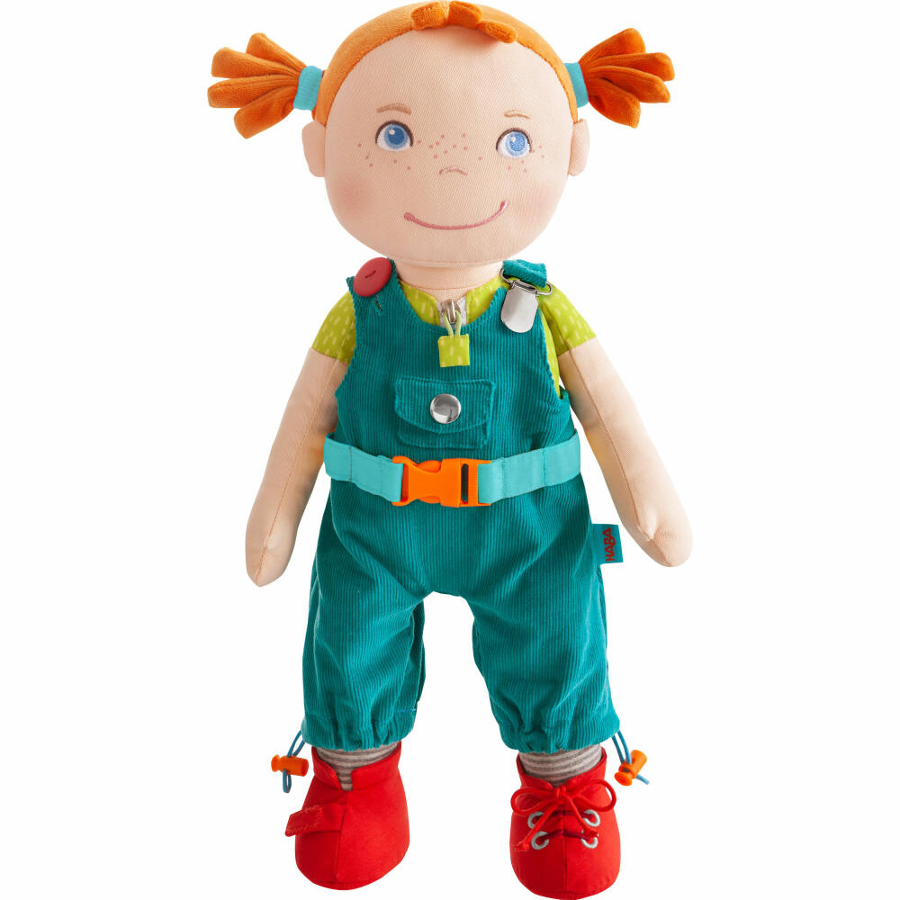 HABA Lernpuppe Lucie, Stoffpuppe, Lern Puppe, Lernspielzeug, mit 8 Verschlüssen, Kinder Spielzeug, 306634