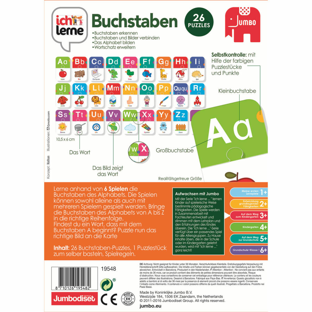 Jumbo Spiele ich lerne Buchstaben, Lernspiel, Kinderspiel, Alphabet, Puzzle, Legespiel, 19548