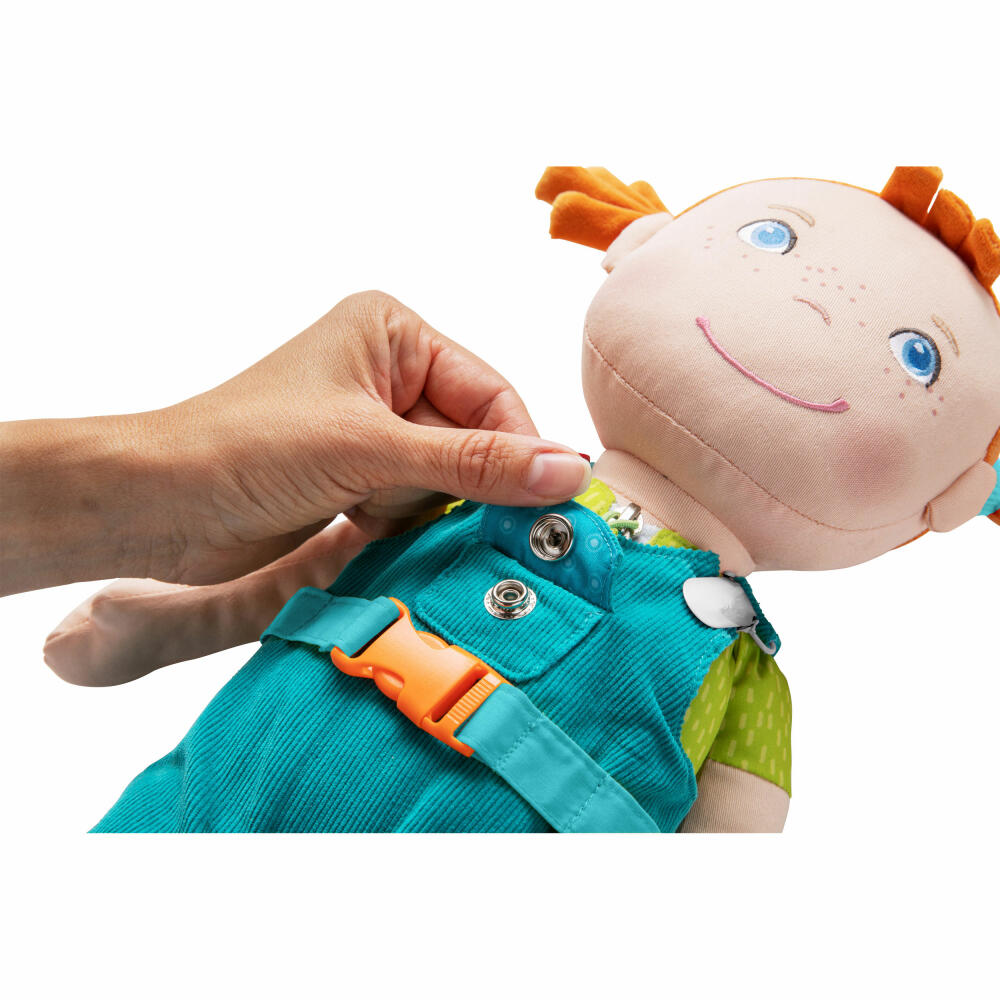 HABA Lernpuppe Lucie, Stoffpuppe, Lern Puppe, Lernspielzeug, mit 8 Verschlüssen, Kinder Spielzeug, 306634