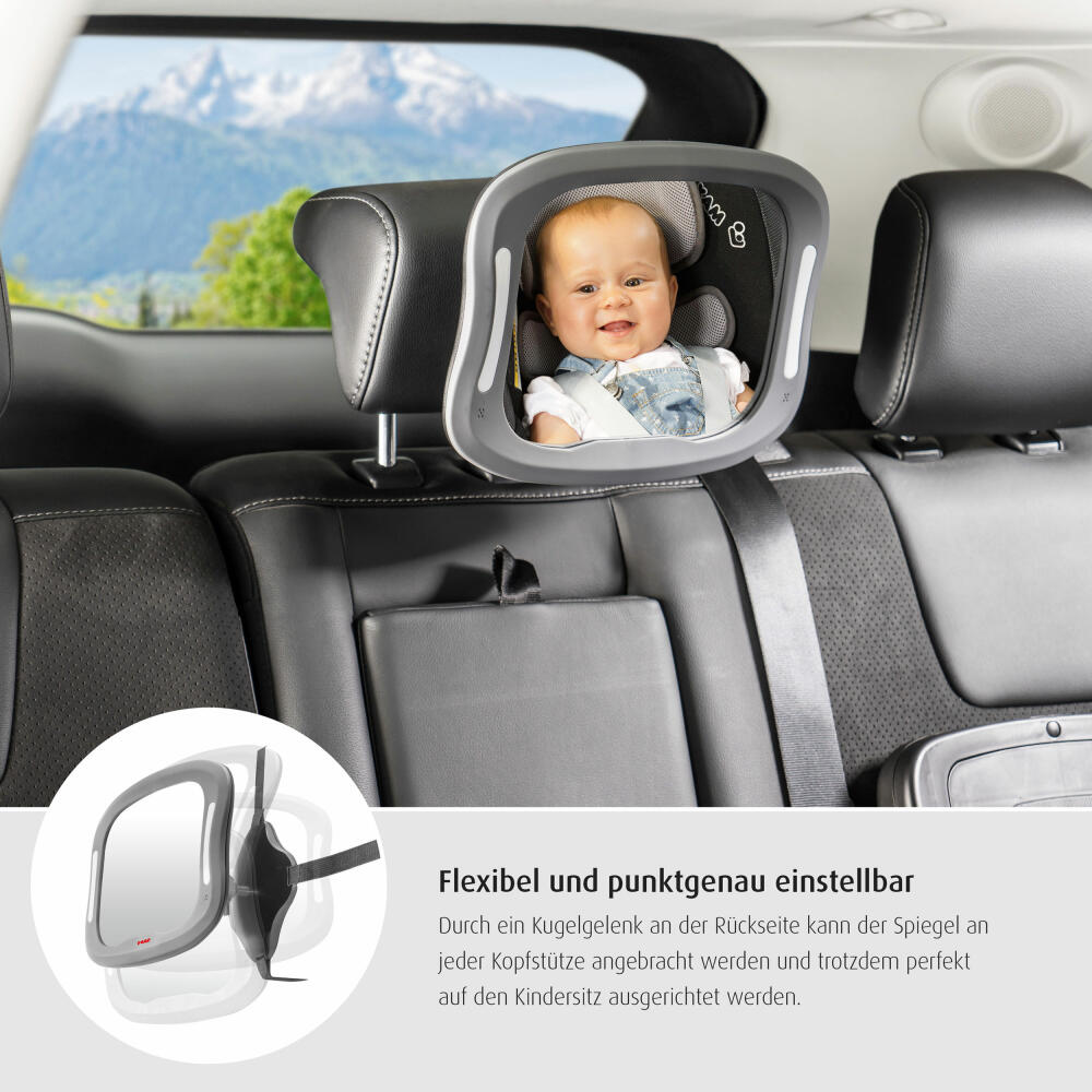 reer BabyView LED Auto-Sicherheitsspiegel, Baby-Rücksitzspiegel, Autospiegel, Rückspiegel, Baby, für Babyschalen und Reboarder-Kindersitze, mit Licht, 86101