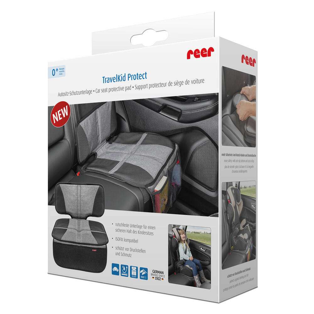 reer TravelKid Protect Autositz-Schutzunterlage, Unterlage für Kindersitz, Kindersitzunterlage, mit Taschen, 86061