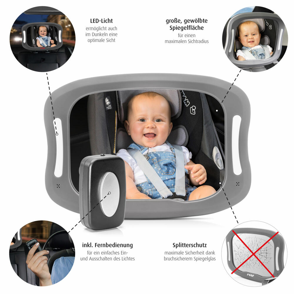 reer BabyView LED Auto-Sicherheitsspiegel, Baby-Rücksitzspiegel, Autospiegel, Rückspiegel, Baby, für Babyschalen und Reboarder-Kindersitze, mit Licht, 86101