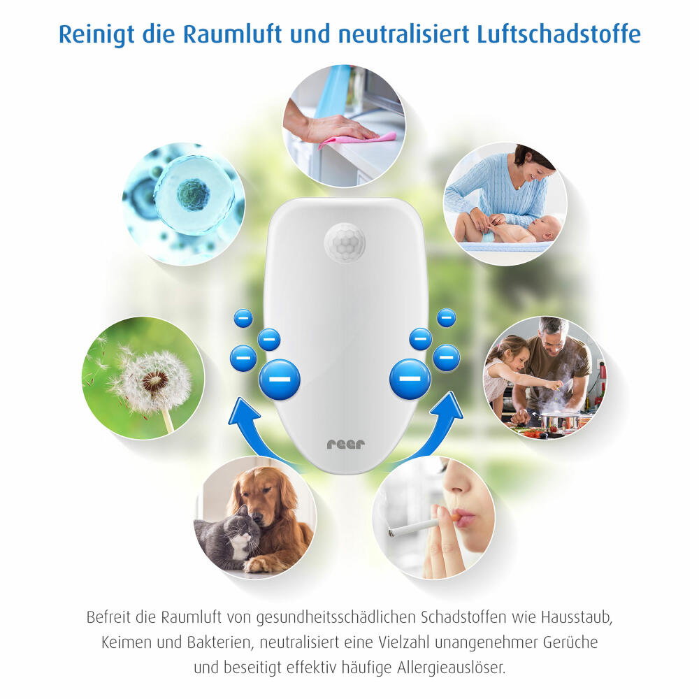 reer PureAir Raumluft-Reiniger, 2in1, Luftreiniger, Ionisator, Luftfilter, Nachtlicht, Bewegungssensor, 94010