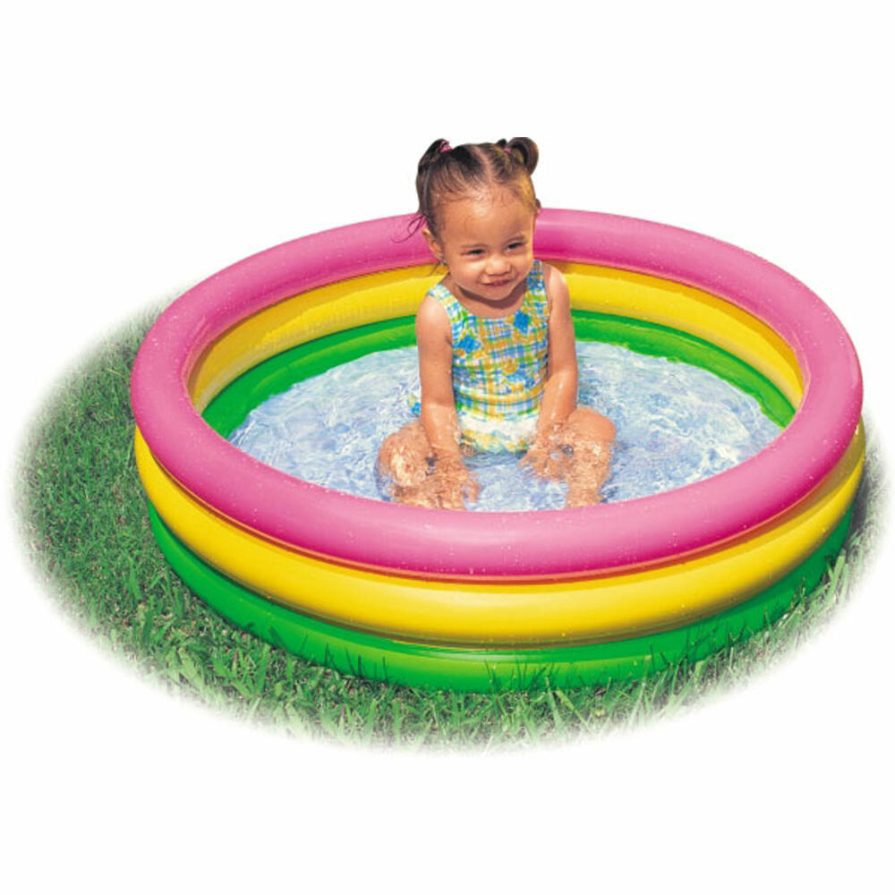 Bauer Intex BabyPool 3-Ring Sunset Glow, Wasserbedarf ca 51l, 1-3 Jahre, aufblasbarer Boden, 86x25