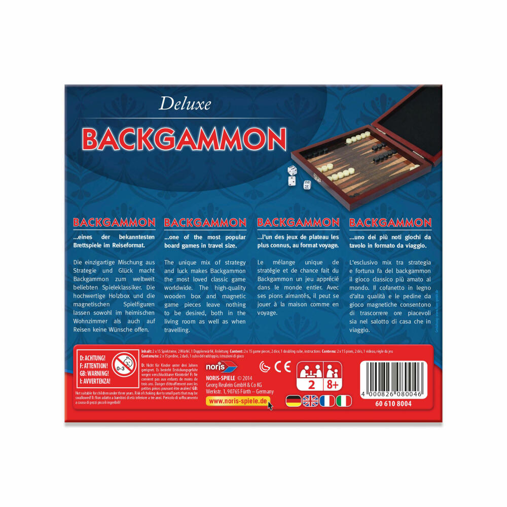 Noris Deluxe Reisespiel Backgammon, Strategiespiel, Brettspiel, Familien, Kinder, Spiel, 606108004