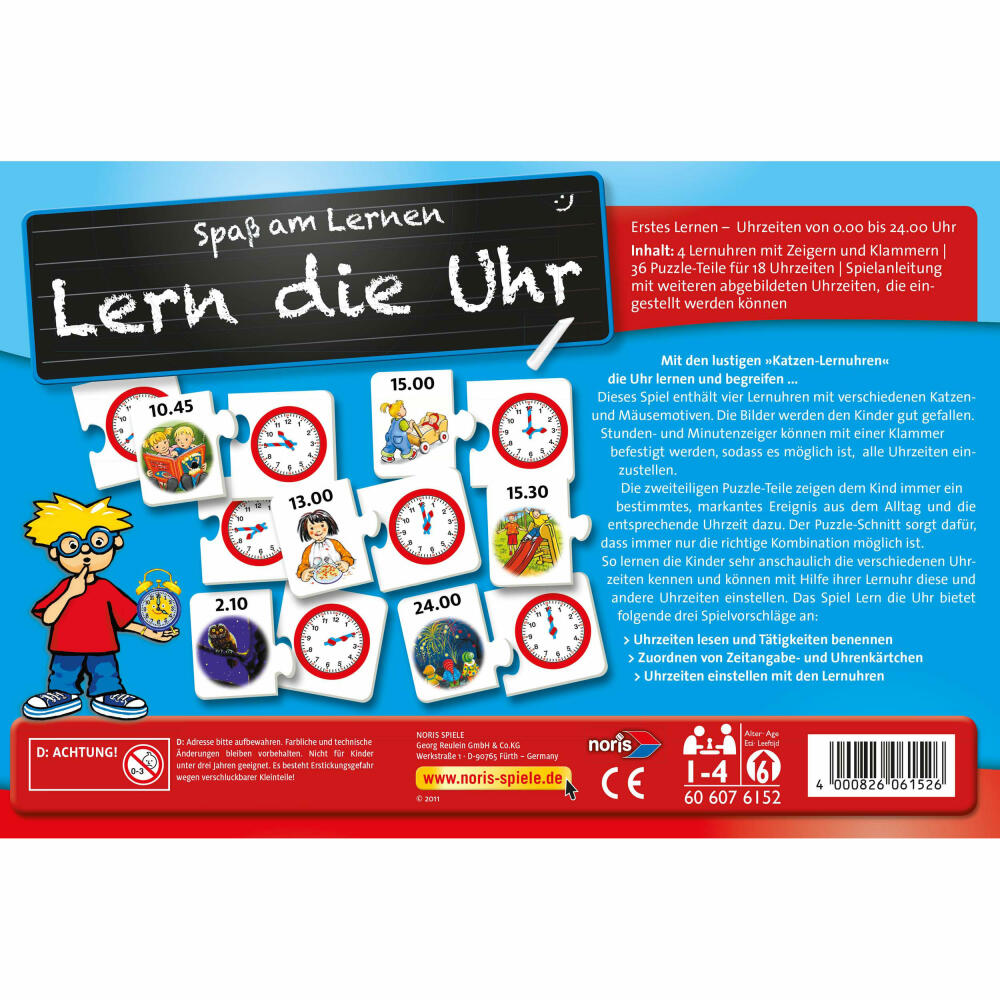 Noris Lern die Uhr, Lernspiel, Puzzle, Kartenspiel, Uhrzeit, Uhrzeiten, Kinder, Spiel, 606076152