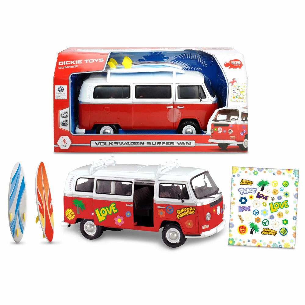 Dickie Toys Volkswagen Bully Surfer Van, VW Bus, Hippie Bus, Spielzeugauto, 1:14, 203776001