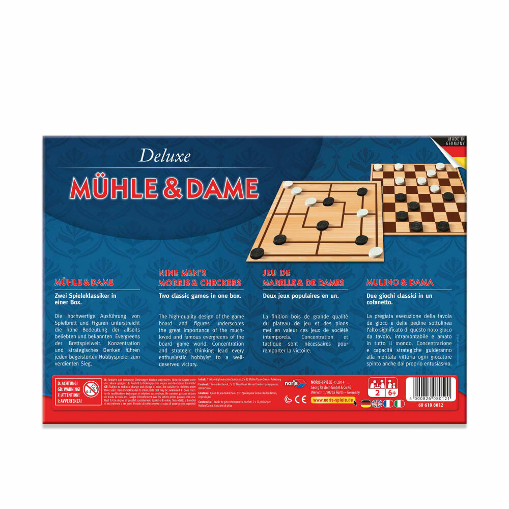 Noris Deluxe Mühle und Dame Spielebox, Brettspiel, Strategiespiel, Spielesammlung, Spiel, 606108012