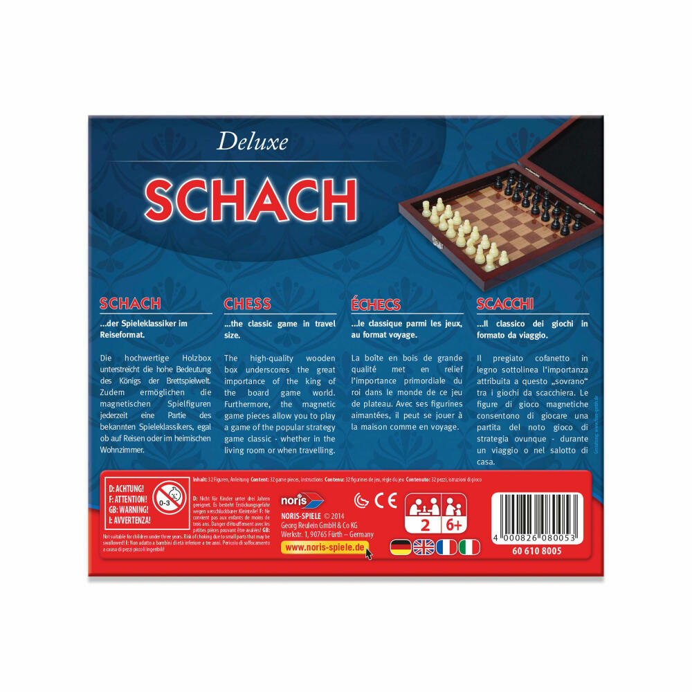 Noris Deluxe Reisespiel Schach, Strategiespiel, Brettspiel, Familien, Kinder, Spiel, 606108005