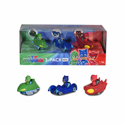 Dickie Toys PJ Masks 3er Pack, Cat Car, Owl Glider, Gekko Mobil, Eulette, Catboy, Gekko, Spielzeugauto, 203143000