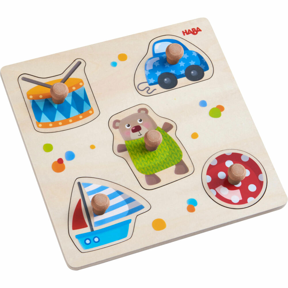 HABA Greifpuzzle Spielsachen, 5-teiliges Holzpuzzle mit Spielzeug-Motiven, ab 1 Jahr, Holz, 20 x 20 cm, 304608