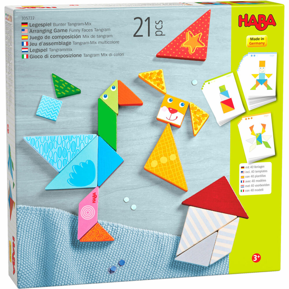 HABA Legespiel Bunter Tangram-Mix, Legeklötze, Denkspiel, Puzzlespiel, Buche, 305777