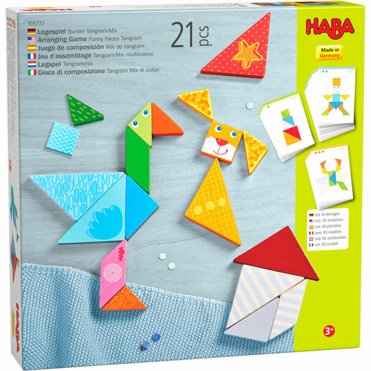 HABA Legespiel Bunter Tangram-Mix, Legeklötze, Denkspiel, Puzzlespiel, Buche, 305777