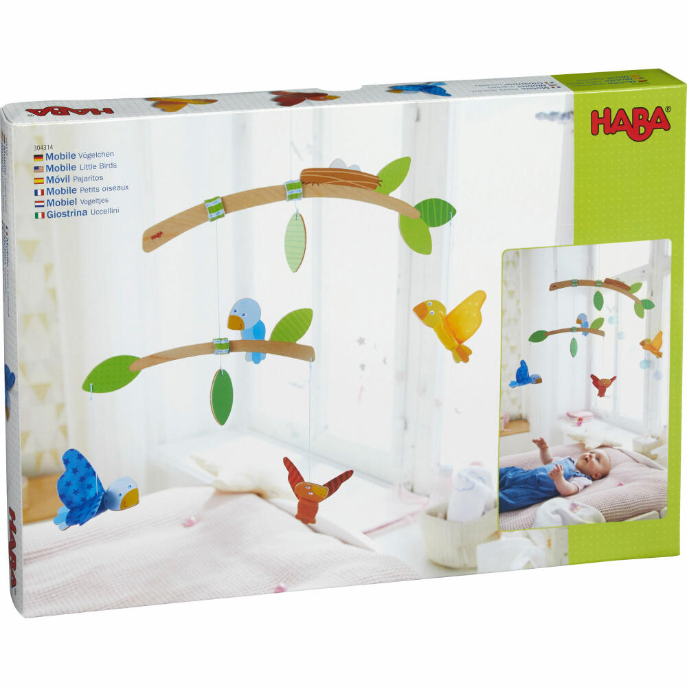 HABA Mobile Vögelchen, Babyspielzeug für den Wickeltisch, Polyester, Sperrholz, Buche, 50 x 60 cm, 304314