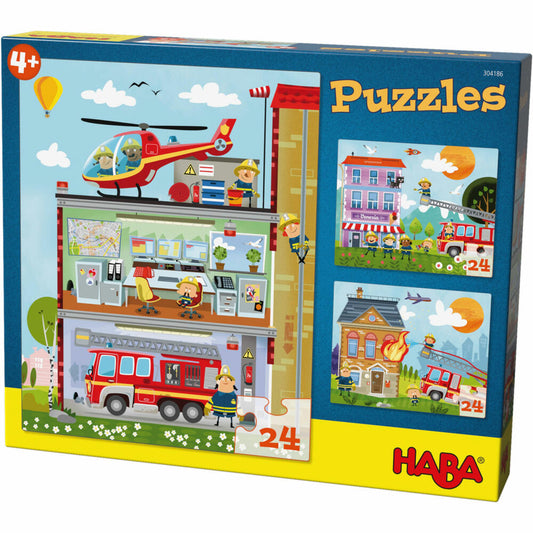 HABA Puzzles Kleine Feuerwehr, 3 Puzzles mit je 24 Teilen, Feuerwehr-Motive, stabile Pappe, ab 4 Jahren, 304186