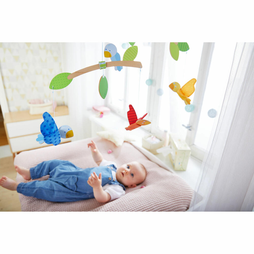 HABA Mobile Vögelchen, Babyspielzeug für den Wickeltisch, Polyester, Sperrholz, Buche, 50 x 60 cm, 304314