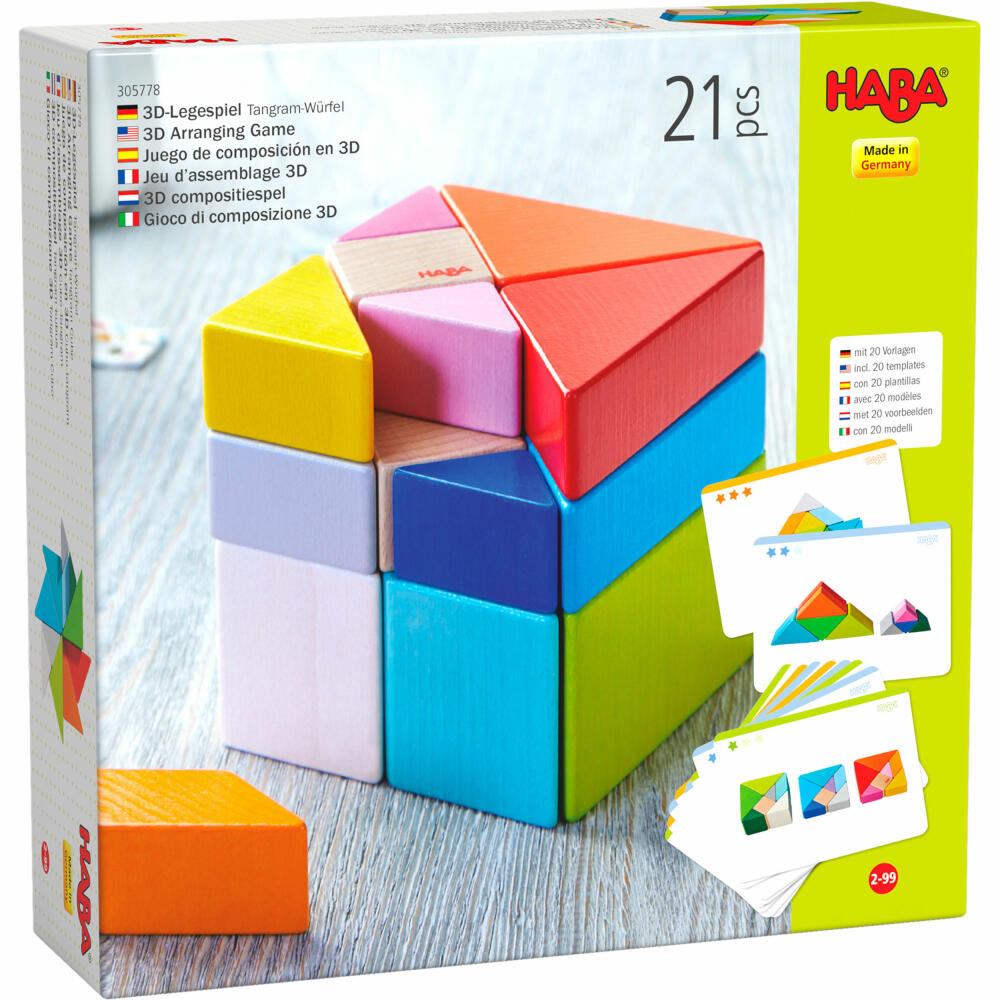 HABA 3D-Legespiel Tangram-Würfel, Puzzlespiel, Würfel, Klötze, Buche, Papier, 305778