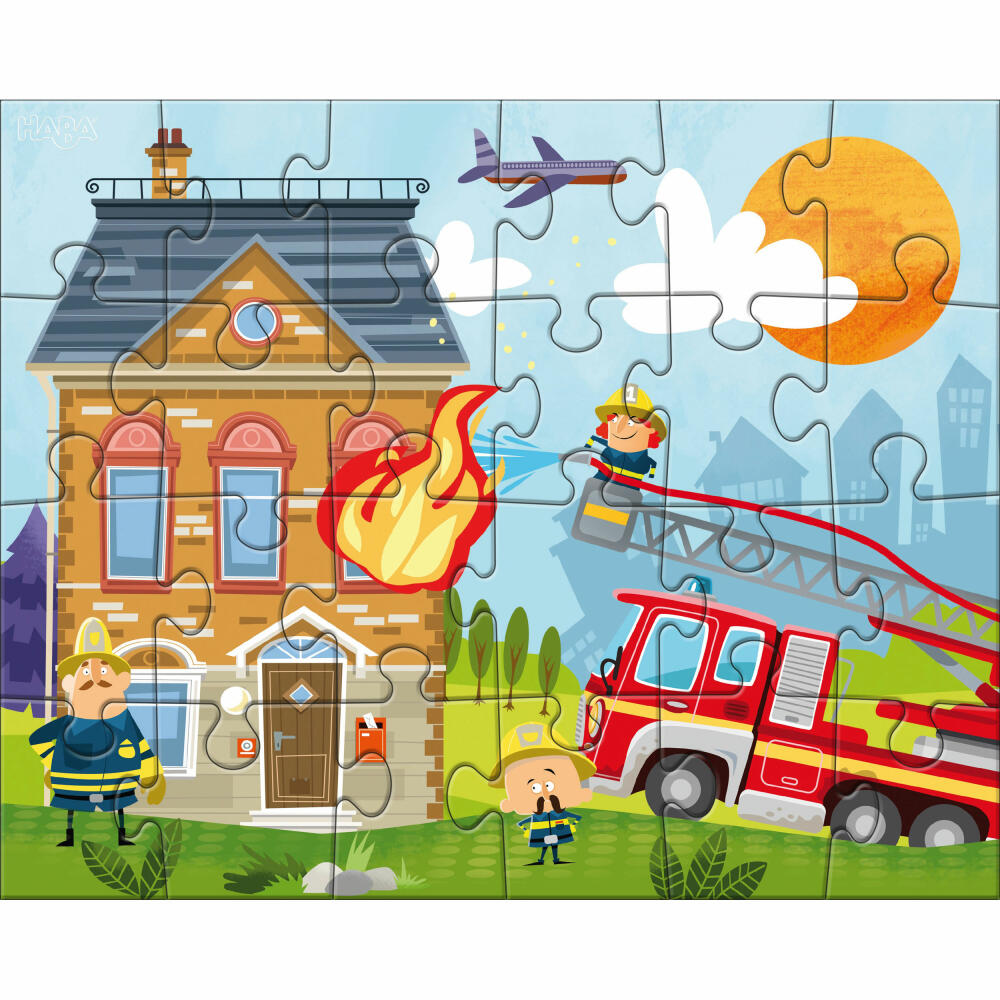HABA Puzzles Kleine Feuerwehr, 3 Puzzles mit je 24 Teilen, Feuerwehr-Motive, stabile Pappe, ab 4 Jahren, 304186