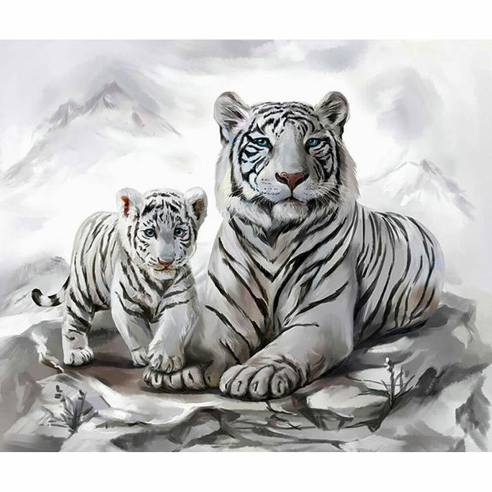 Pracht Diamond Painting Weiße Tigermama mit Jungtier 40x30 cm