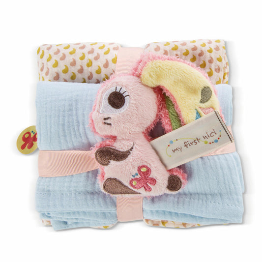 NICI My First NICI Mulltuch mit Greifling Hase Hopsali, 3-tlg., Greifspielzeug, Spucktuch, Mulltücher, 48047