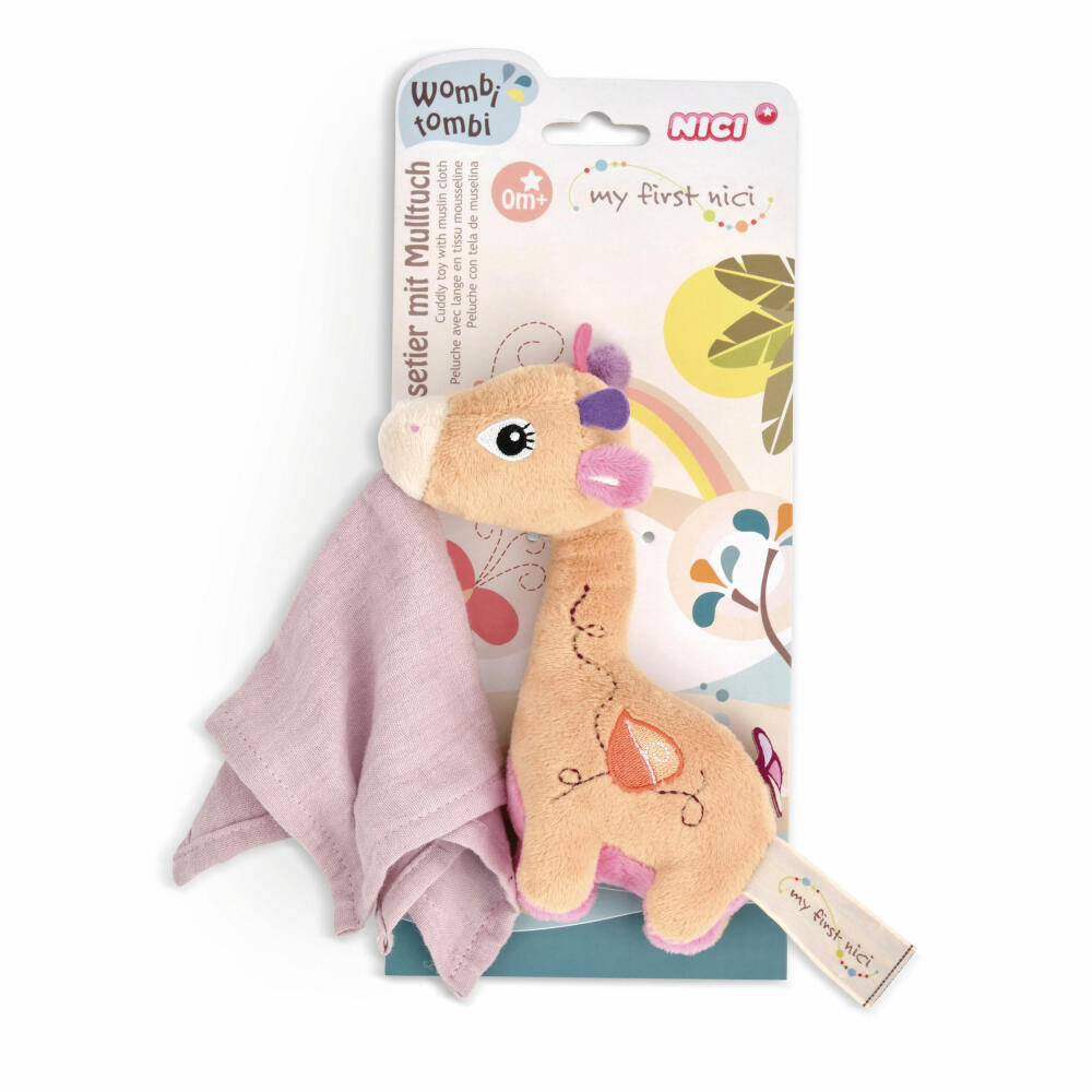 NICI My First NICI Schmusetier Giraffe Sasuma 3D mit Mulltuch, Kuscheltier, Plüschtier, Stofftier, Baumwolle / Polyester, 16 cm, 48037