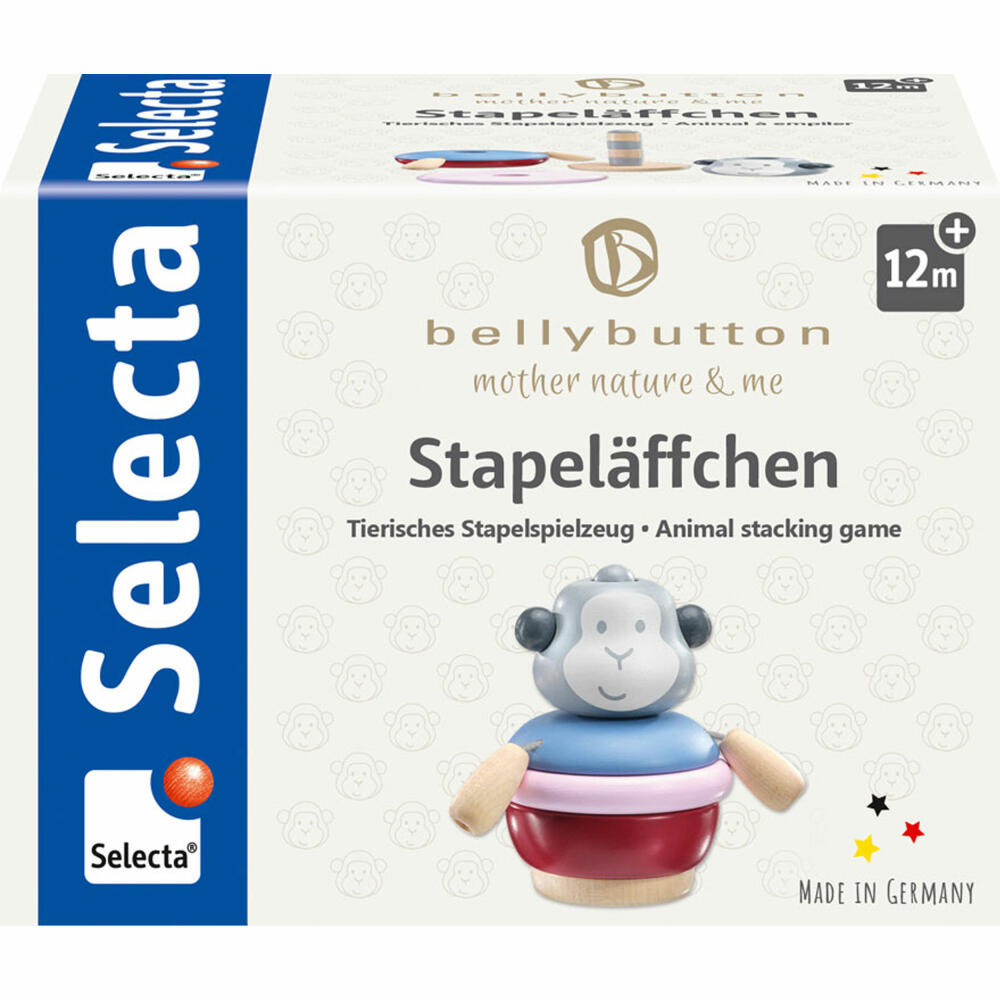 Selecta bellybutton Stapeläffchen, Stapelspiel, Stapelspielzeug, Holzspielzeug, 9 cm, 64026