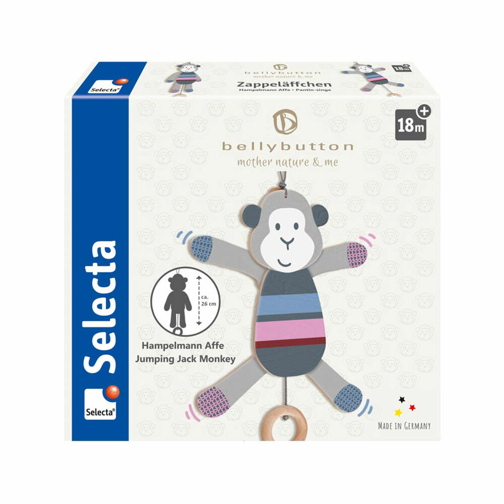 Selecta bellybutton Zappeläffchen, Hampelmann Affe, bewegliche Figur, Holz Spielzeug, 26 cm, 64027