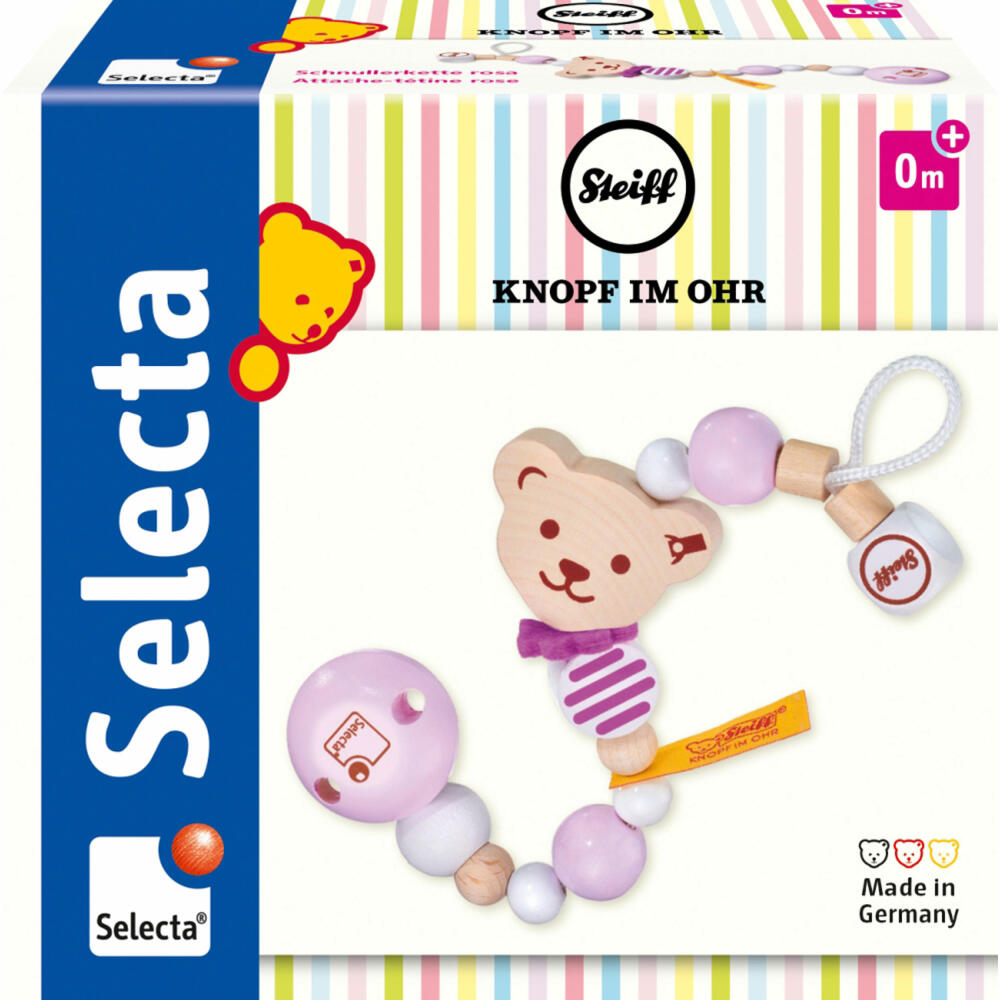 Selecta Steiff Schnullerkette, Schnuller Kette, Schnullerband, Schnullerclip, Rosa, 21 cm, 64302