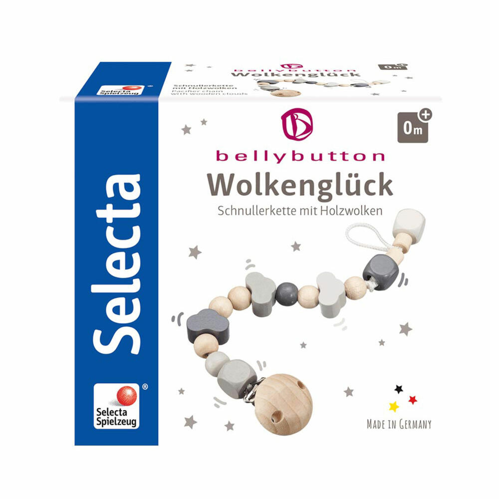 Selecta Spielzeug Wolkenglück Schnullerkette, Schnuller Kette, Kleinkindspiel, Kleinkindspielzeug, Holz, Grau, 21 cm, 64006