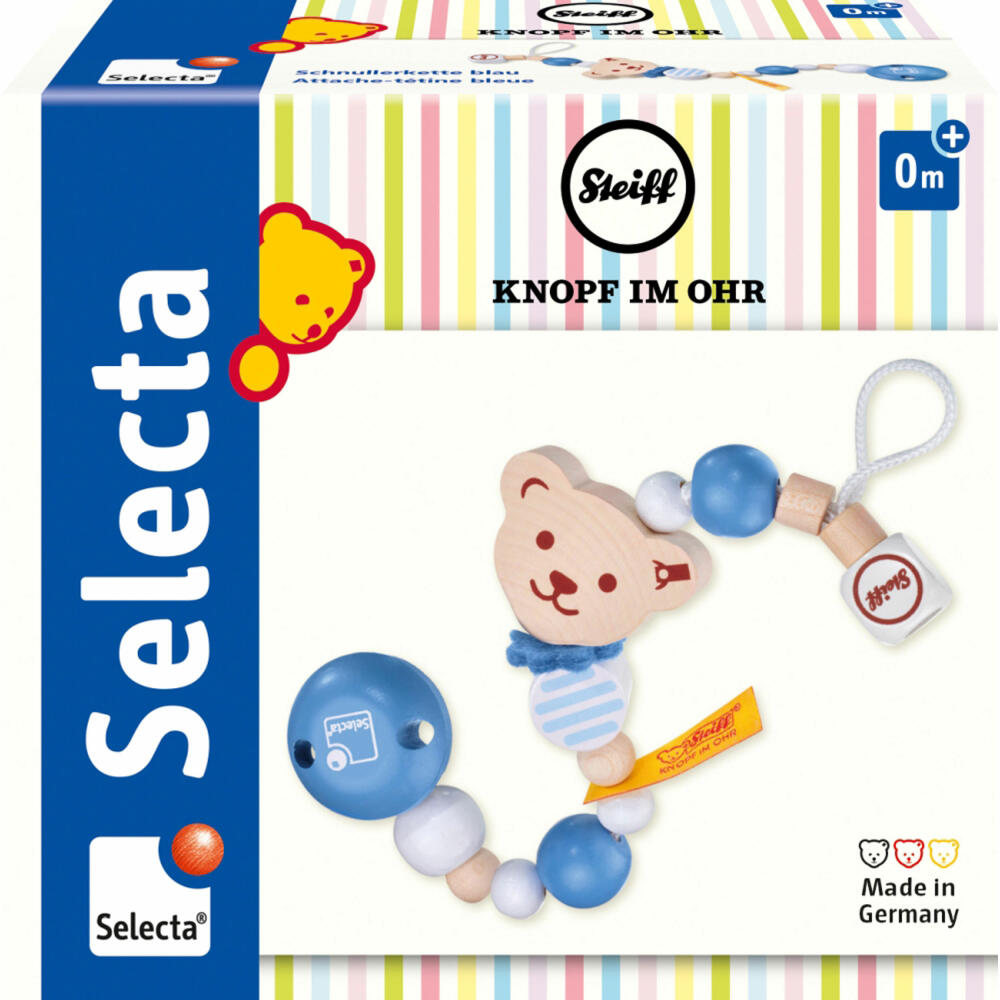 Selecta Steiff Schnullerkette, Schnuller Kette, Schnullerband, Schnullerclip, Blau, 21 cm, 64303