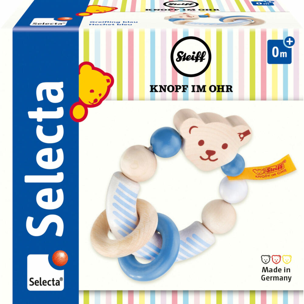 Selecta Steiff Greifling, Greifring, Greiflspielzeug, Baby Spielzeug, Blau, 9.5 cm, 64301